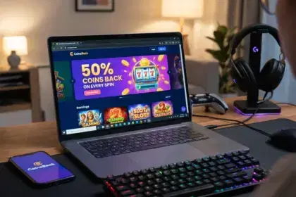 CoinsBack sweepstakes casino review shown on laptop and smartphone
